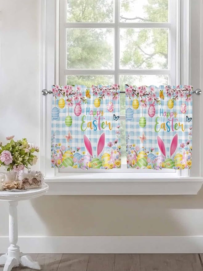 Happy Easter Half Window Curtains 24 Inches Long, Spring Watercolor Bunny Eggs