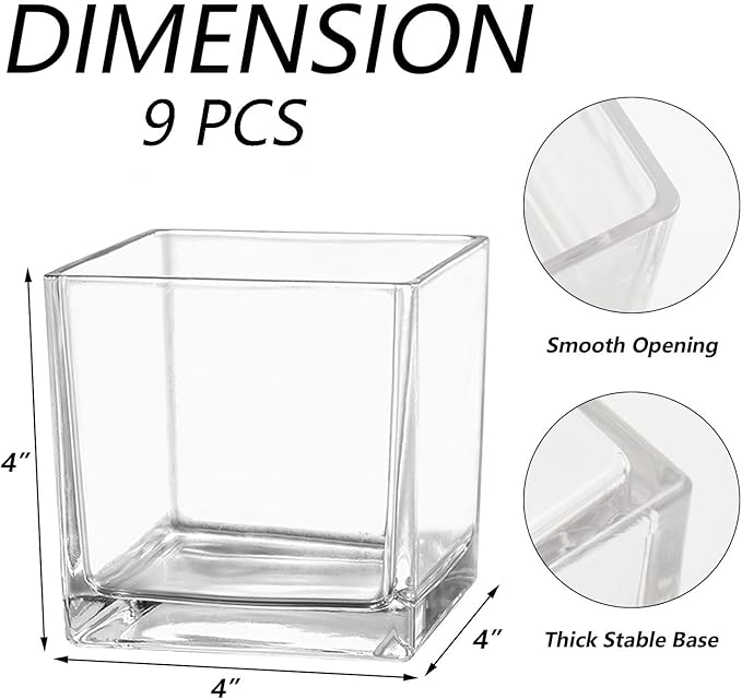 Square Glass Vases Set of 9, 4"x 4"x 4" Flower Vases for Centerpieces, Clear Glass Vase for Flowers, Small Vase for Wedding, Party, Home Office Decoration
