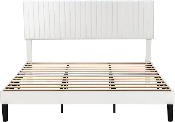 Allewie King Bed Frame, Velvet Upholstered Platform Bed with Adjustable Vertical Channel Tufted Headboard, Mattress Foundation with Strong Wooden Slats, Box Spring Optional, Easy Assembly, Off-White