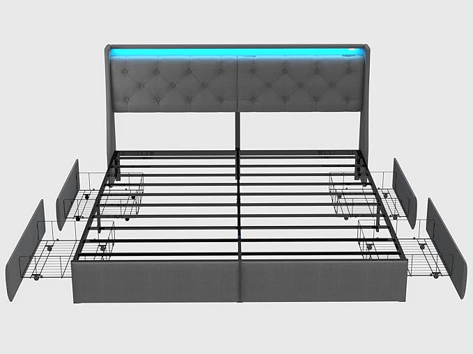 SADENICEL King Size Bed Frame with Storage Headboard, Metal Platform Bed Frame King with 4 Drawer, LED Light, Charging Station, No Box Spring Needed, Noise Free, Easy Assembly, Grey