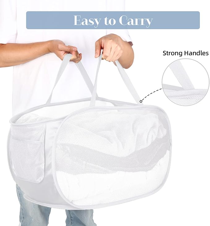 4 Pack Collapsible Laundry Baskets, Foldable Laundry Basket with Pocket, Durable Pop Up Hampers, Reinforced Handles Dirty Clothes Hamper for Laundry, Bedroom, Bathroom, Dorm, Travel or Camping White