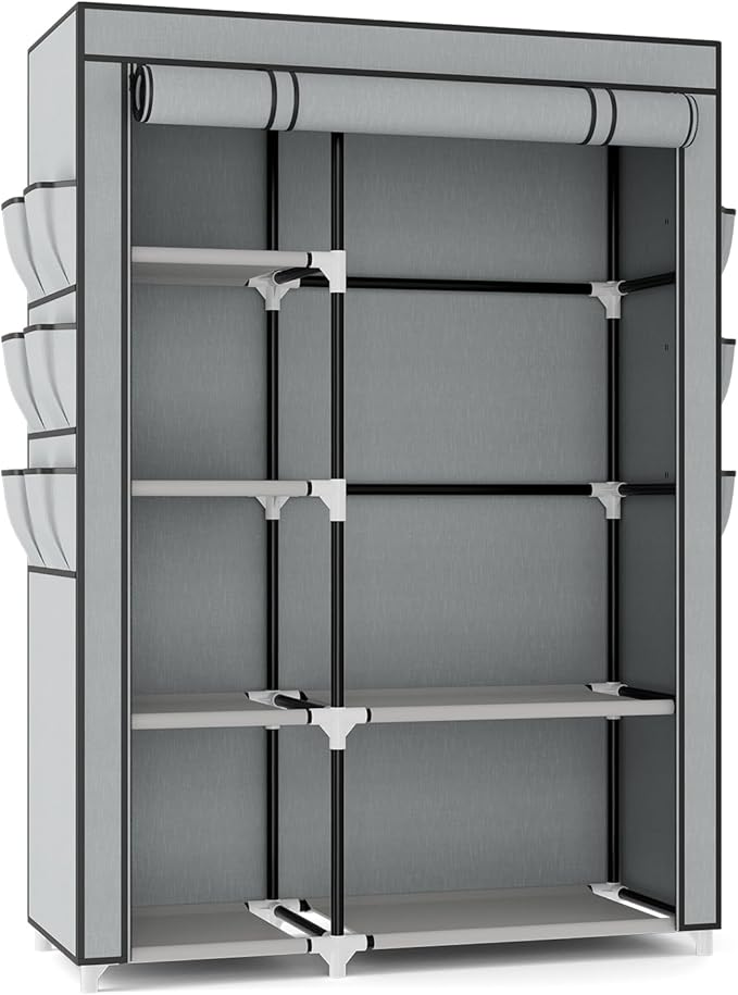 VTRIN Wardrobe Closet, 41.7 Inch Wide Portable Closets for Hanging Clothes with 1 Hanging Rod, 6 Shelves, 6 Pockets, Clothes Rack with Cover Portable Wardrobe Closet for Bedroom, Dorm, Grey