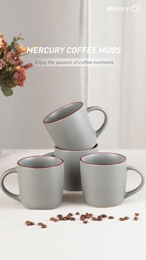 famiware Mercury Coffee Mugs 13 oz, Coffee Mugs Set of 4 with Handle, Cups for Latte, Hot Tea, Cappuccino, Mocha, Cocoa, Dark Grey