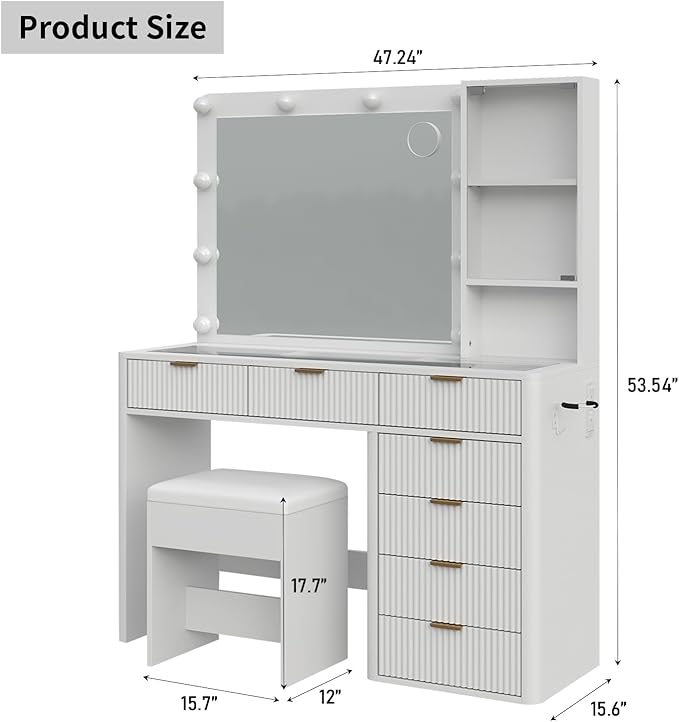 7 Drawers Fluted Vanity Desk with Charging Station, 47'' W Makeup Vanity with LED Lights and HD Mirror, 3 Lighting Modes Adjustable, Glass Top, Vanity Set for Bedroom,White