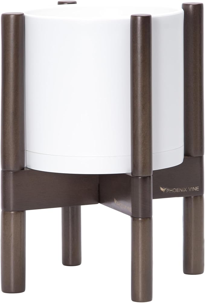 D'vine Dev Planter Pot with Stand - 8 Inch Plastic Cylinder Flower Pot with Wood Planter Holder for Indoor, Matte White Pot + Walnut Color Stand, 55-C-I-1