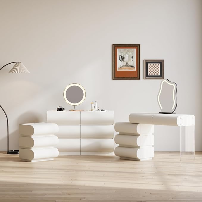 homary White Makeup Vanity Set with LED Mirror and Dressing Stool, Modern PU Leather Dressing Table with Drawers for Bedroom, Ideal for Women Girls (White)