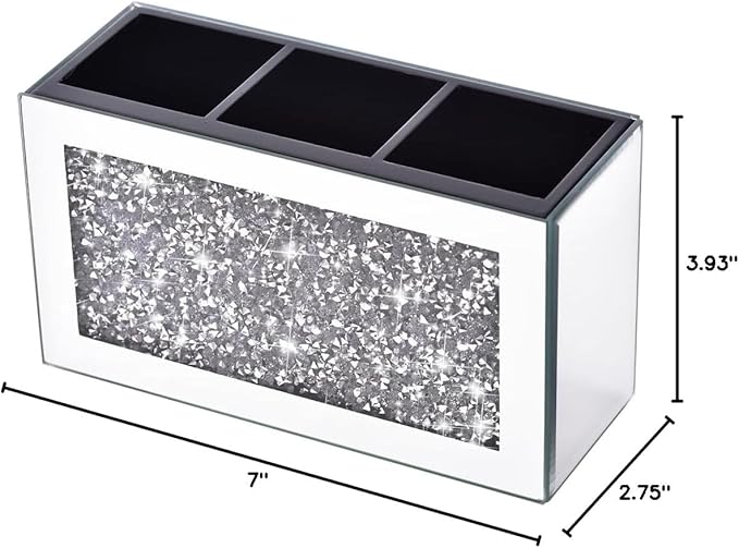 Crystal Crushed Diamond Silver Makeup Brush Holder Organizer, 3 Slot Mirrored Cosmetics Brushes Storage Case, Cute Pen and Pencil Glass Holder, Eyeliners Display Case