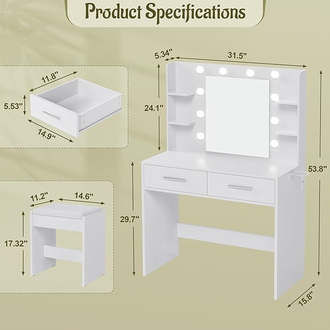 YESHOMY Vanity Desk with Mirror, Makeup Table with 2 Large Drawers, Power Outlet and Round Holder, 3 Color Modes Adjustable Bulb, Bench Included, White
