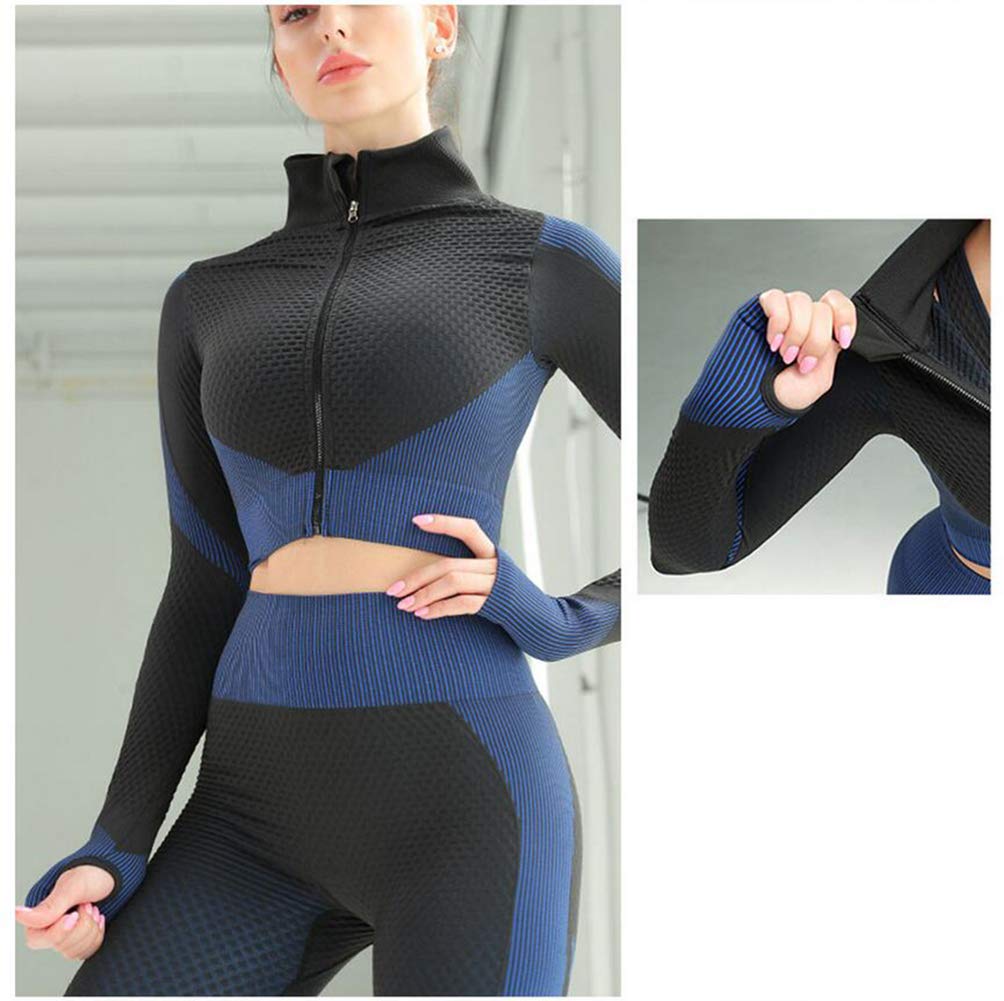 Veriliss 3pcs Seamless Workout Outfit Sets for Women, Gym Clothes Yoga Sportswear Leggings and Stretch Sports Bra Gym jumpsuits Clothes Set (BlackBlue, S)