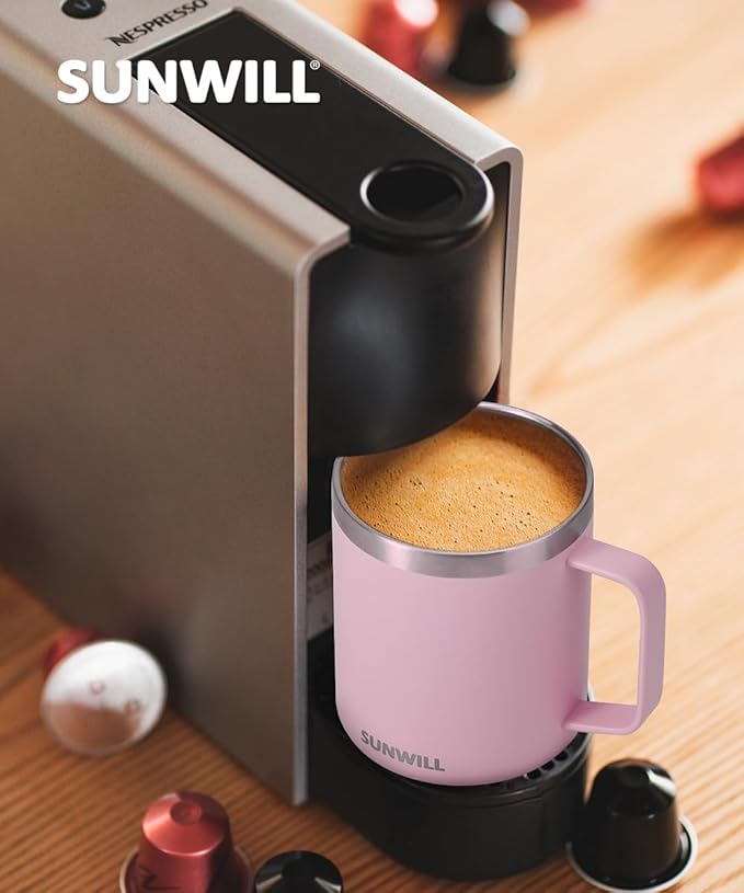 SUNWILL Insulated Coffee Mug with Lid, Travel Tumbler Reusable, 14 oz Stainless Steel Cup for Camping, Office, Home, Powder Coated Sakura