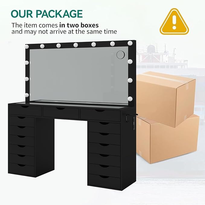 15 Drawers Vanity Desk with Power Outlet, Makeup Table with Mirror and 13 LED Lights, 3 Color Lighting Modes, Brightness Adjustable, Glass Top Dressing Table, Vanity Set for Bedroom, Black