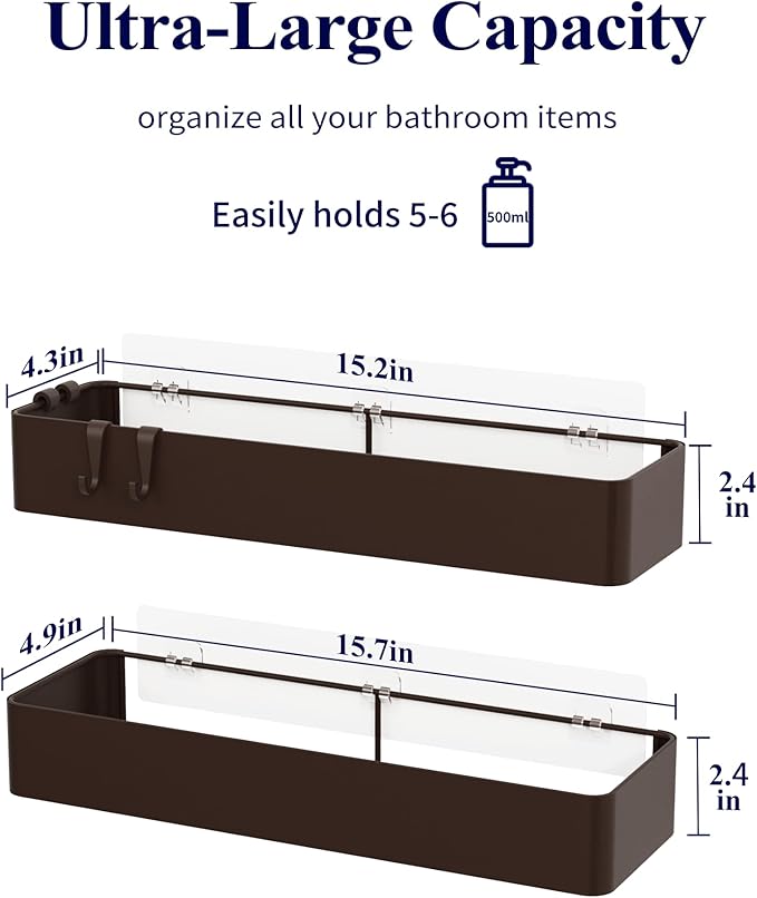 Kitsure Shower Caddy - 2 Pack Adhesive Shower Organizer, Rustproof Metal Shelves, No-Drill Bathroom Organizers and Storage, Brown, XX-Large