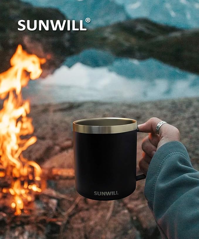 SUNWILL Travel Coffee Mug with Lid, Insulated Tumbler with Handle, 14oz Stainless Steel Cup for Camping, Outdoor, Powder Coated Black