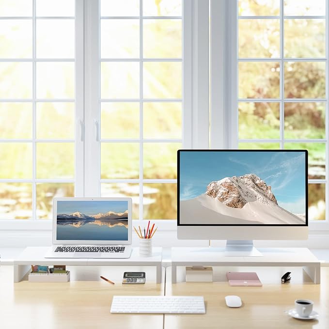TEAMIX 2 Pack White Monitor Stand Riser - 20 inch, Wooden Desktop Stand for PC/TV/Laptop/Printer, Monitor Riser with Storage, Computer Stand with Keyboard Organizer