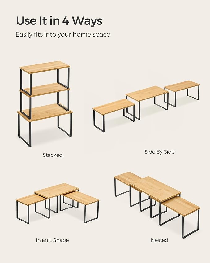 SONGMICS Cabinet Organizer Shelf, Set of 3 Kitchen Counter Shelves, Kitchen Storage, Spice Rack, Stackable, Expandable, Ink Black and Natural Beige UKCS014B01