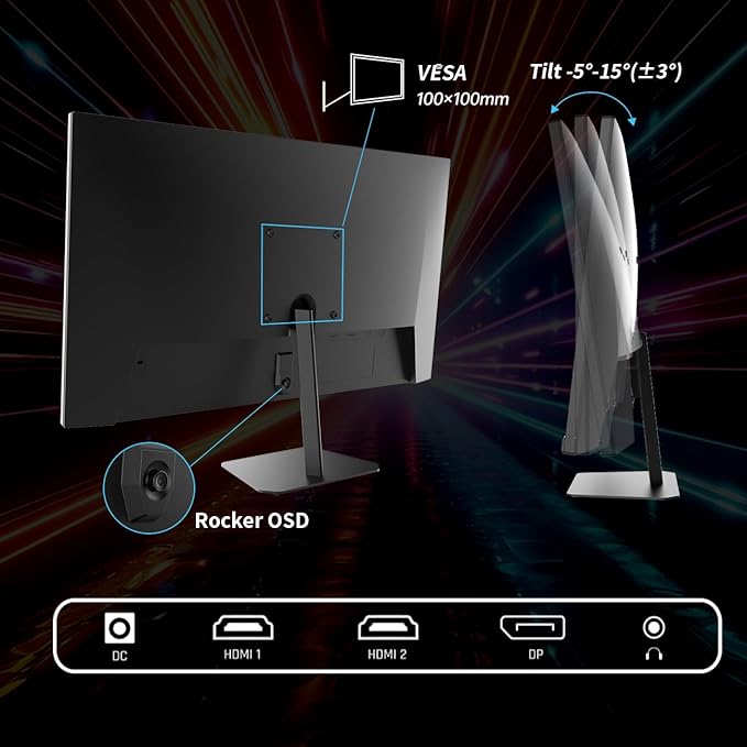 KTC 24.5'' Gaming Monitor, FHD 1080P 180Hz (Up to 200Hz) Fast IPS 128% sRGB Computer Monitor, HDR10, Adaptive Sync, Eye Care PC Gamer Monitor, HDMIx2, DP, VESA Mountable, Tilt Adjustable, H25T7