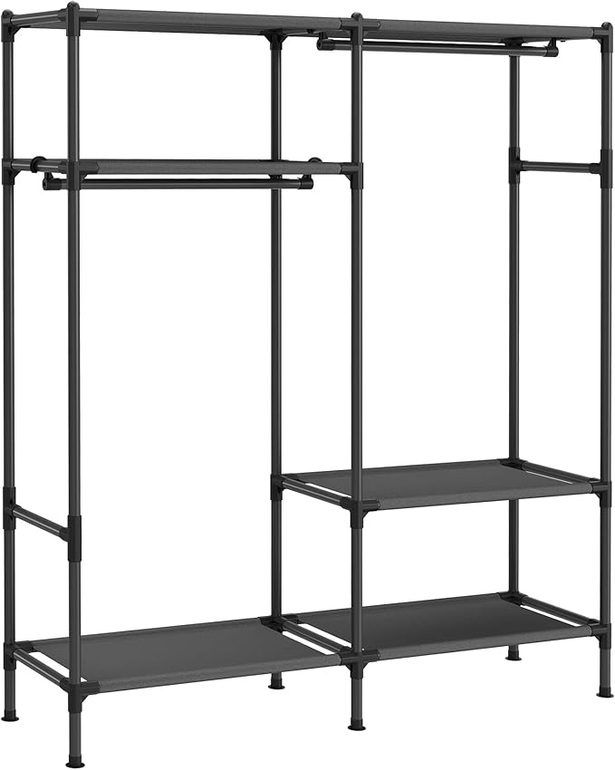 SONGMICS Heavy Duty Clothes Rack, 65 Inch Freestanding Portable Wardrobe with Hanging Rails and Shelves, Total Load 242 lb, Easy Assembly, for Cloakroom, Bedroom, Black URDR201B02