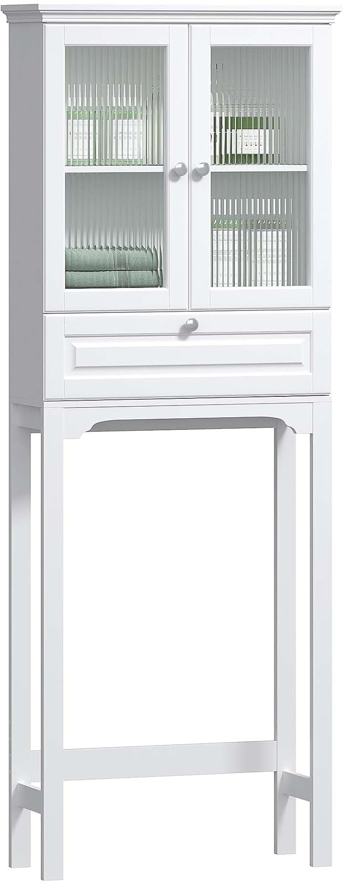 Spirich Over The Toilet Storage Cabinet with Muro Glass Doors, Over Toilet Bathroom Organizer with Tilt-Out Cube and Adjustable Shelf, White