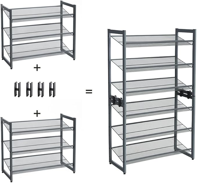 SONGMICS Shoe Rack, 3-Tier Shoe Organizer, Metal Shoe Storage for Garage, Stackable Shoe Shelf, with Adjustable Flat or Angled Shelves, 9-12 Pairs, Charcoal Gray ULMR03GB