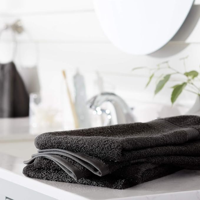 Amazon Basics 6 Piece Fade Resistant Hand Towel, 100% Cotton, Black, 26'' x 16''