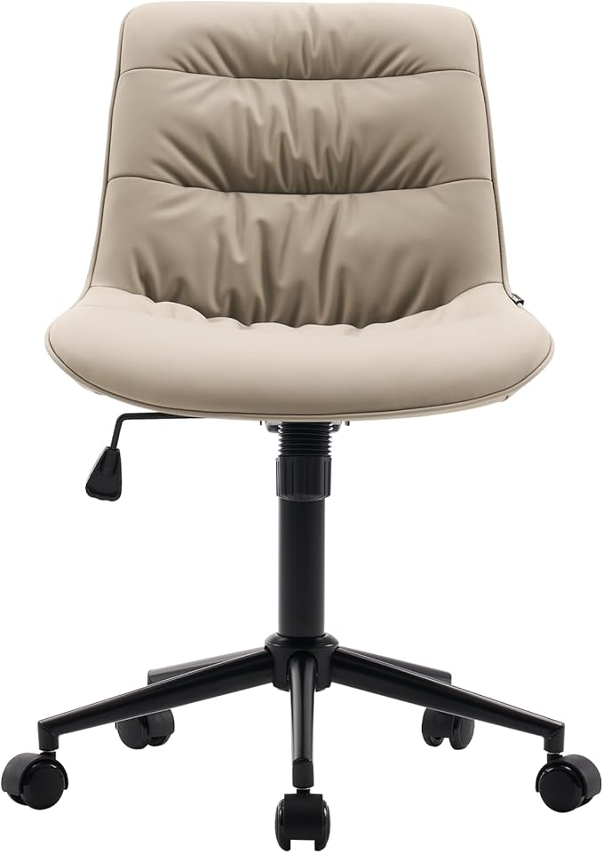 Kidol & Shellder Faux Leather Office Chair, Adjustable Swivel Height Task Chair, Rolling Wheels & Soft Backrest - Armless Ergonomic Desk Chair for Home, Office,Vanity,Gaming(Khaki)