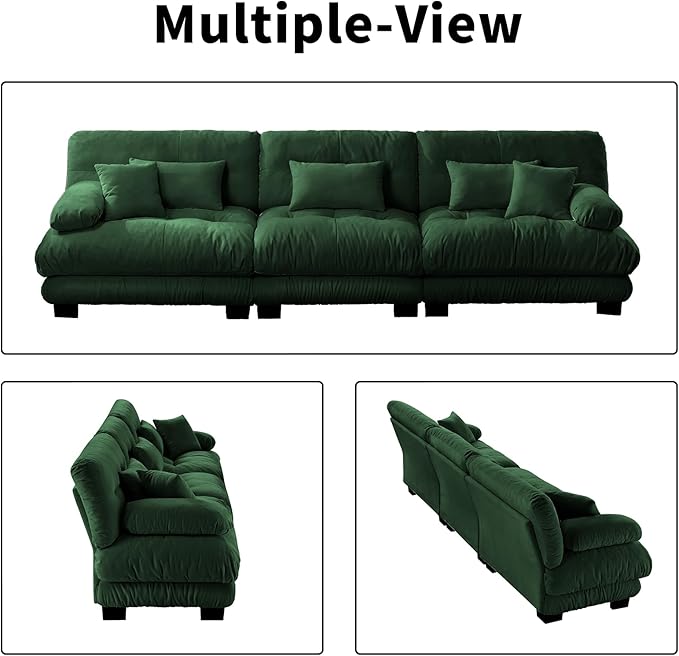 133.8" Oversized Couch, 3 Seater Modular Sectional Sofa, Green Large Sectional Couches for Living Room, Fluffy Chenille Fabric Cloud Couch with 5 Pillows, Deep Seat Sofas