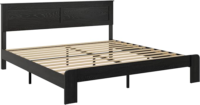 King Size Bed Frame, Rustic Vintage Platform Bed Frame with Wood Headboard and Footboard, 12 Wood Slats Support, No Box Spring Needed (Black, King)