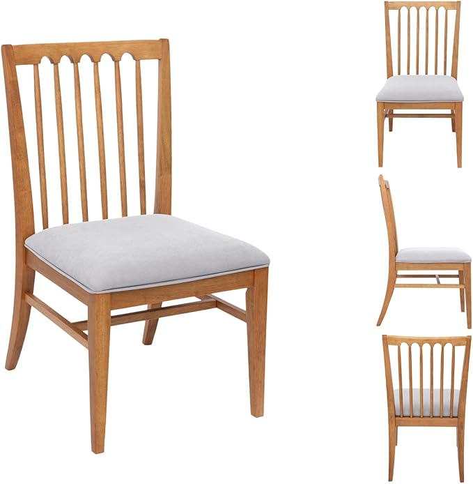 chairus Upholstered Kitchen Chairs Set of 2, Natural Wooden Barrel Dining Chairs with Slat Back Double-Layer Cushion Farmhouse Accent Chairs for Dining Room/Living Room/Restaurant, Chenille Grey