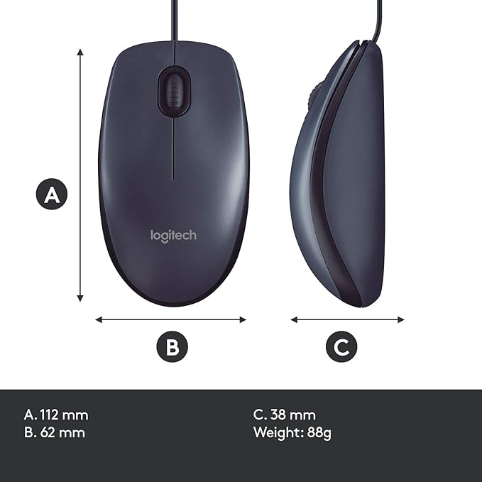 Logitech B100 Wired Mouse for Computer and Laptop, USB Corded Mouse, Right or Left Hand Use - Black
