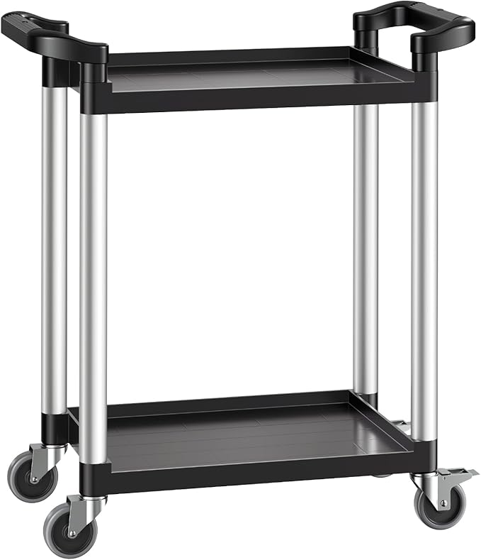 VEVOR Utility Cart, 300 lbs Load Capacity, 2-Tier Utility Plastic Cart with 360° Swivel Wheels (2 with Brakes), 24.4 x 16.1-inch Food Service Cart for Warehouse, Office, Home, Restaurant, Kitchen