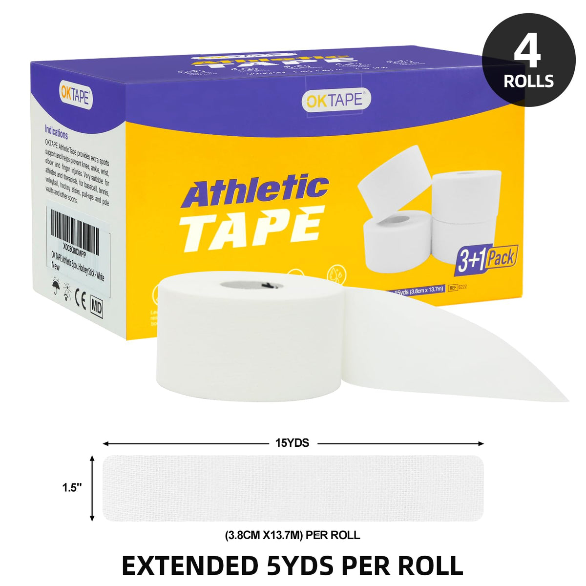 OK TAPE Athletic Sports Tape(4 Packs) - 45ft Per Roll Very Strong Tape for Athlete & Sport Trainers & First Aid Injury Wrap, Perfect for Fingers Ankles Wrist on Bat, Hockey Stick - White