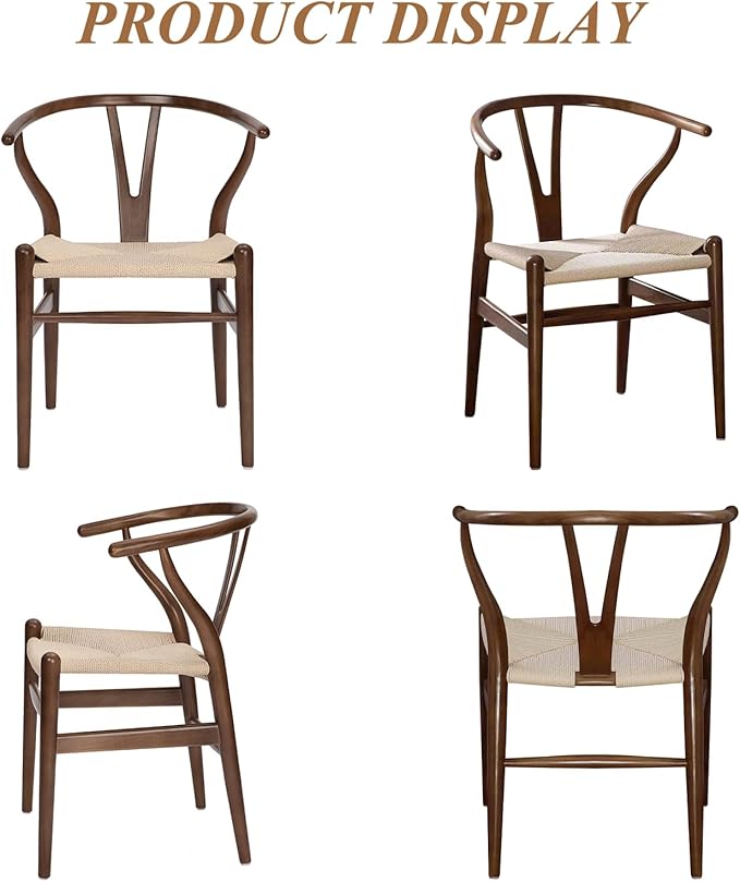 Wishbone Chair Natural Solid Wood Dining Chair/Hans Vegner Y Chair Rattan and Wood Accent Armrest Chairs Set of 4(Ash Wood - Walnut)