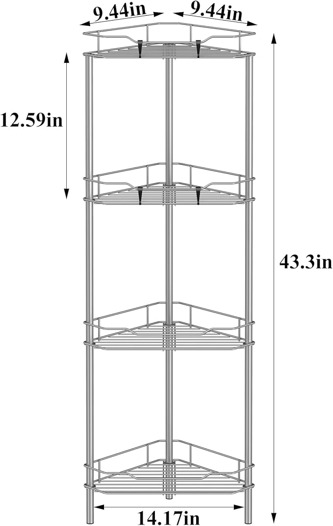 4 Tier Floor Standing Corner Shower Caddy Organizer Shelf with Hooks, Bathroom Shelves Stand Rack, Gray