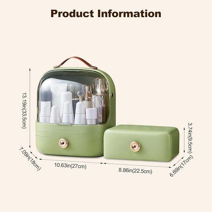 Ergocar Make Up Case Dustproof Cosmetics Skin Care Products Cosmetic Storage Box, Multi-Function Jewelry Organizer Case - Green + Drawer