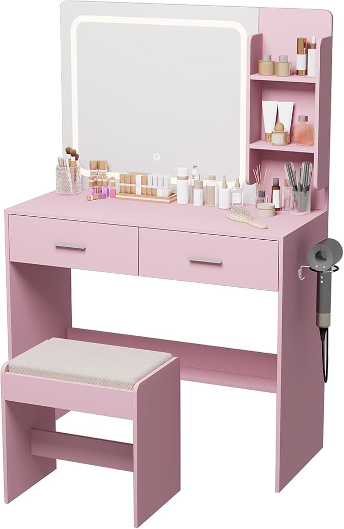 Makeup Vanity with Lighted Mirror & Electrical Outlet - 2 Shelves, 2 Drawers, Bottom Storage - Comes with Upholstered Stool (Pink)