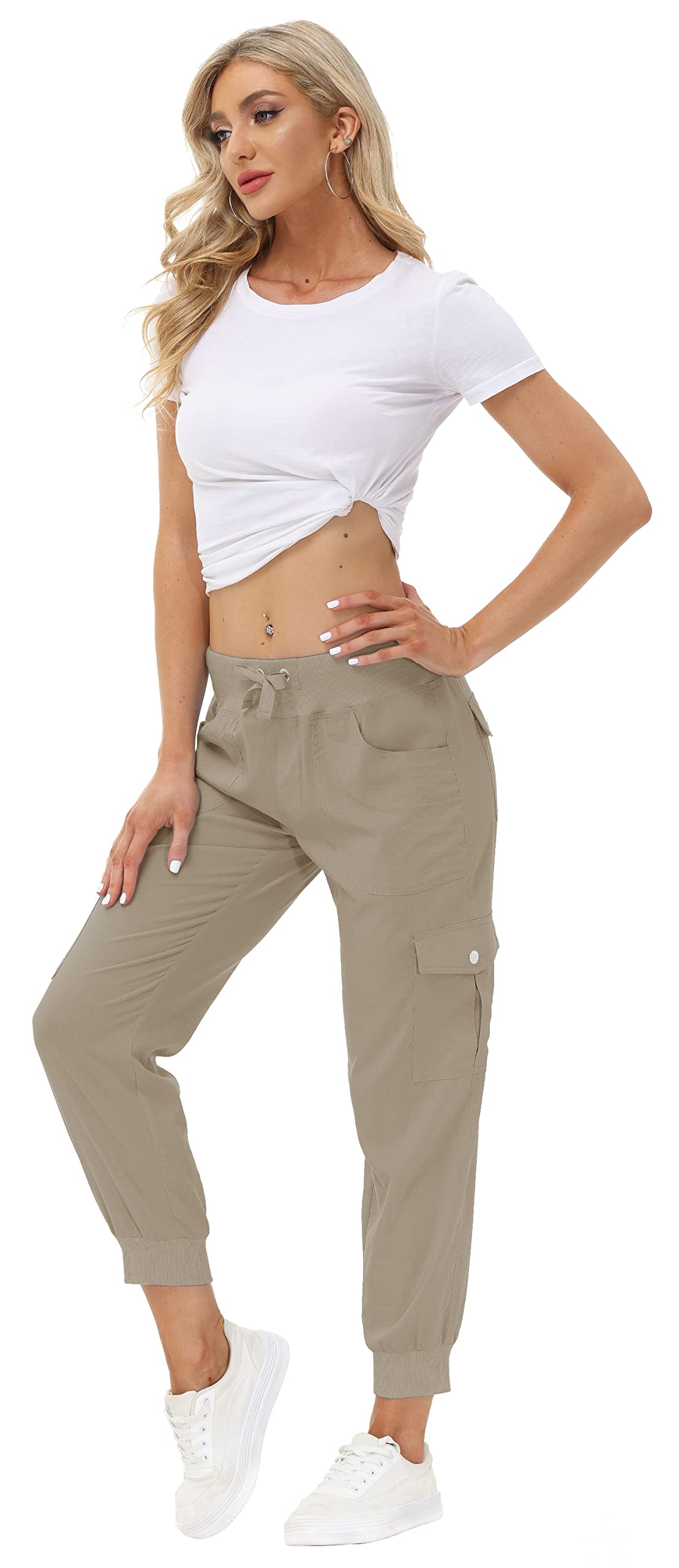 MoFiz Women's Cargo Pants Hiking Joggers Summer Lightweight Quick Dry Athletic Outdoor Sports Sweatpants Travel Casual Button Pockets Khaki 3XL