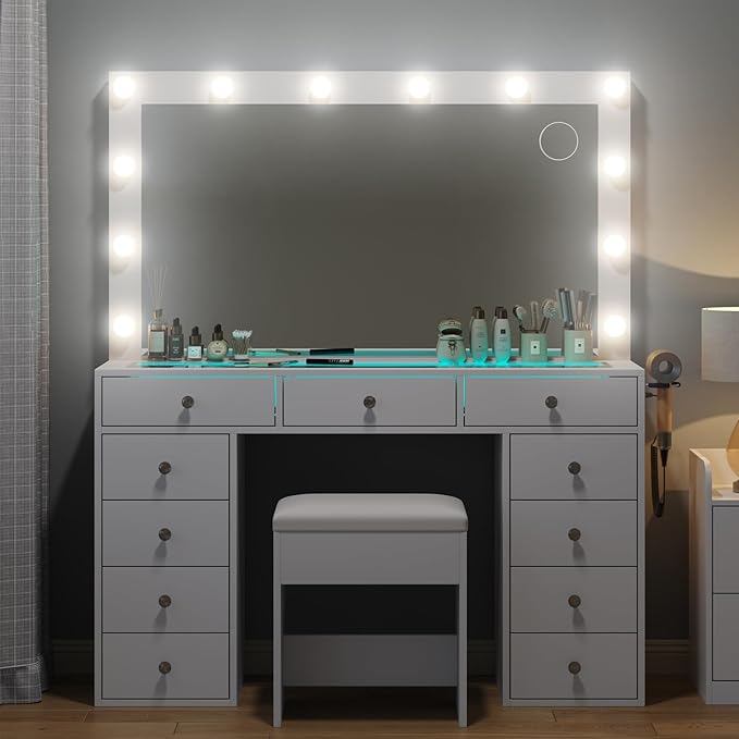 Vanity Desk with Mirror and Lights, Makeup Vanity Desk with Lights 3 Colors, LED Reinforced Glass Vanity, Makeup Vanity with 11 Storage Drawer, Dressing Table for Bedroom Dressing Room (White)