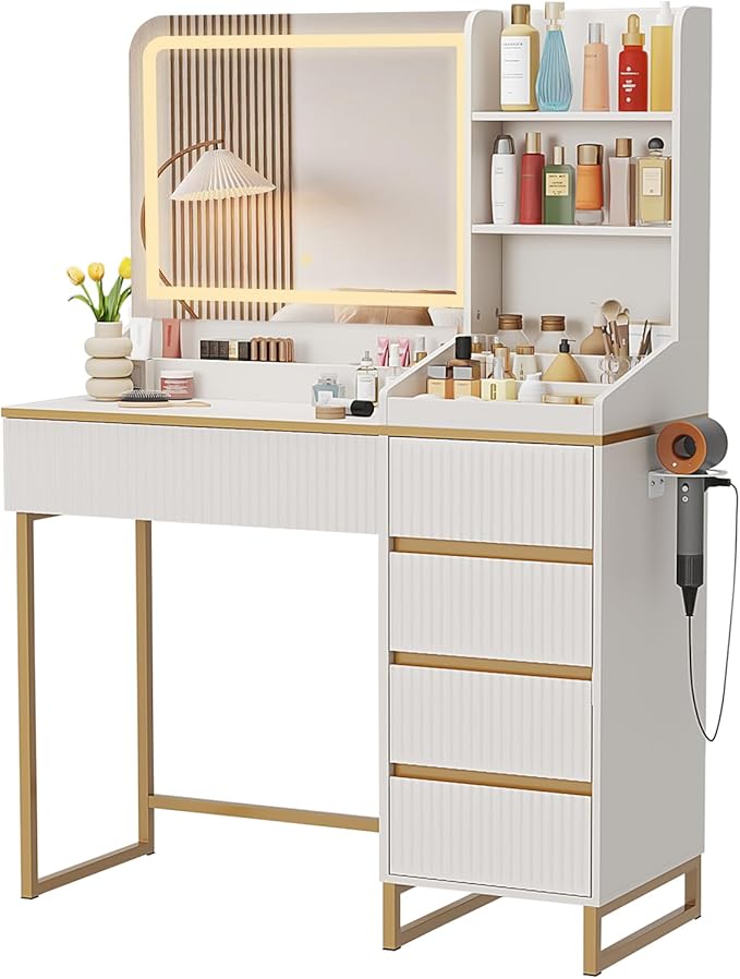 Vabches Makeup Vanity with Mirror and Lights, White and Gold Vanity Desk with 5 Drawers and Charging Station, Vanity Table for Bedroom