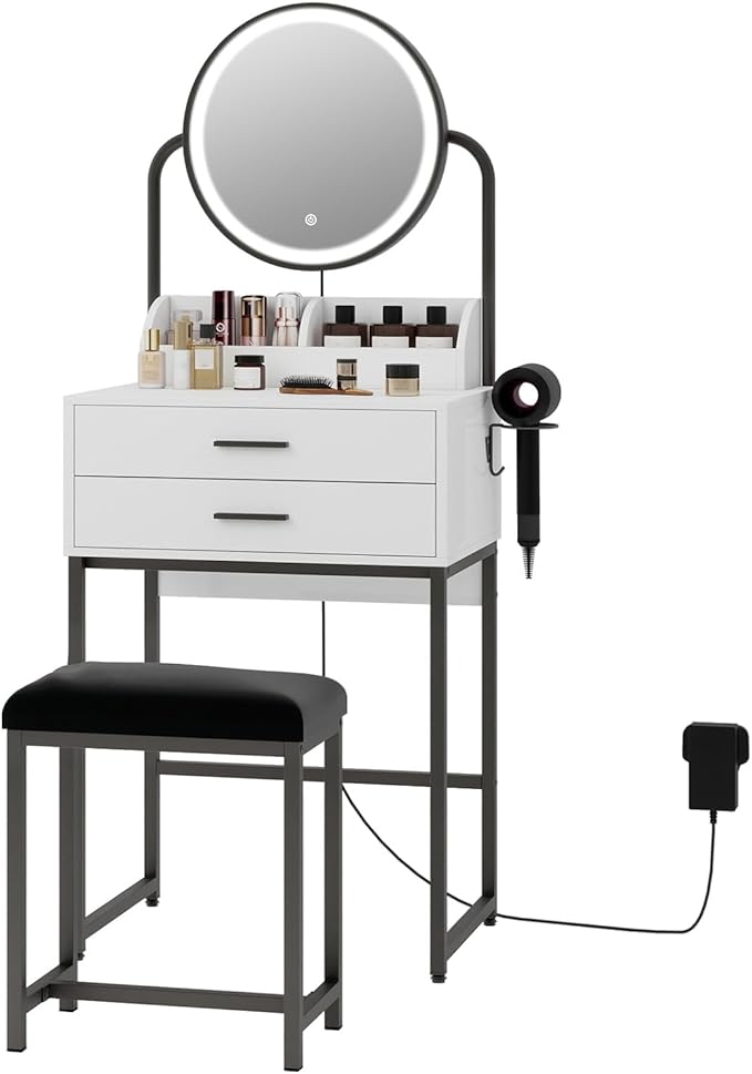 ARTETHYS Small Vanity Desk with Lighted Mirror and Lights Compact Makeup Set with Drawers for Bedroom Mini White Modern Dressing Table with Chair