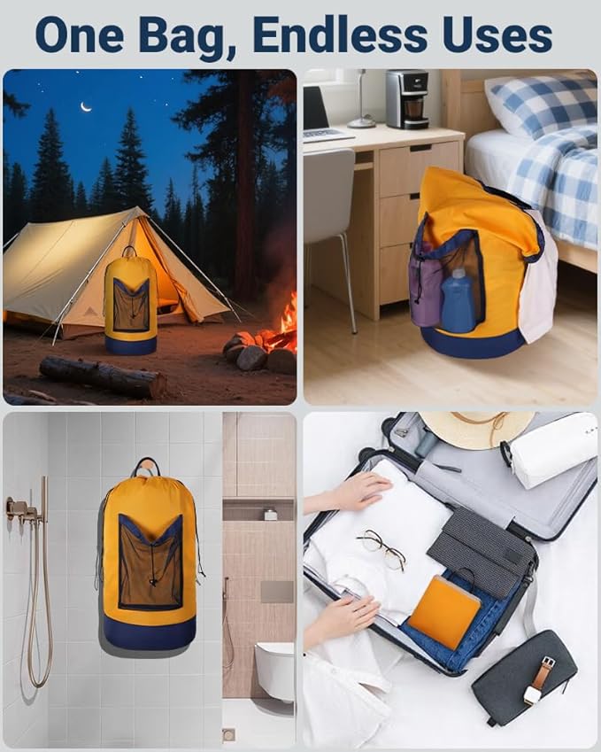 Laundry Bag with Shoulder Straps and Mesh Pocket Laundry Backpack Large Portable Laundry Hamper for College Laundromat Apartment
