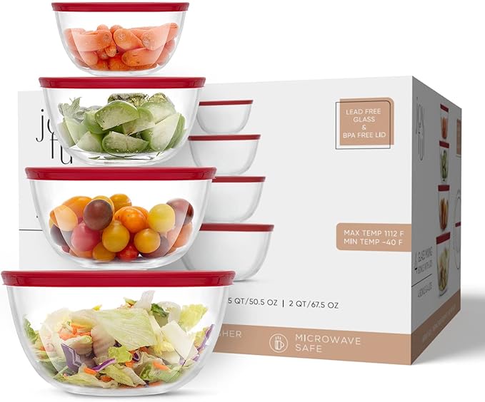 JoyJolt Kitchen Mixing Bowls - 8pc Glass with Lids Set – Neat Nesting Large Bowl Batter Cooking Storage and Big Salad BPA-Free Red
