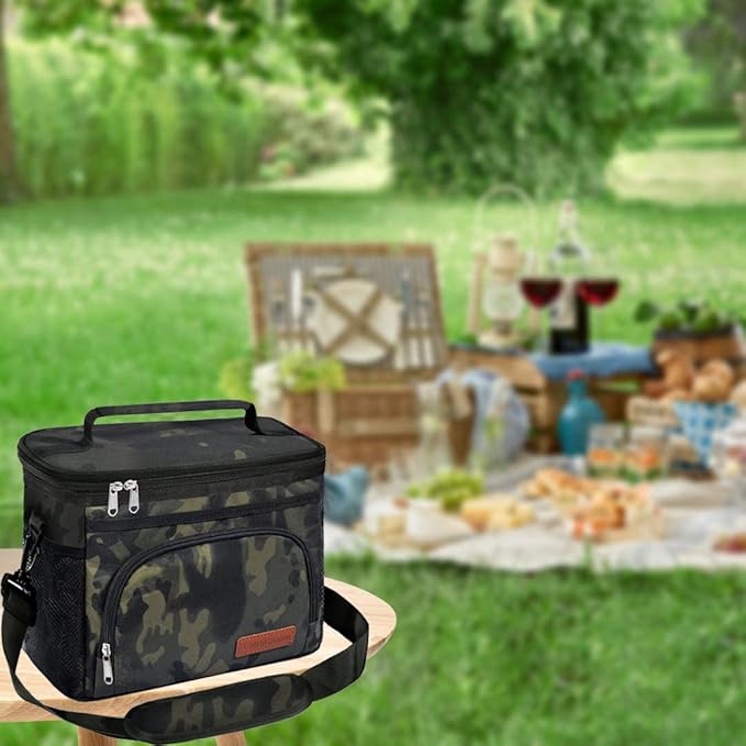 ExtraCharm Insulated Lunch Bag for Women/Men - Reusable Lunch Box for Office Picnic Hiking Beach - Leakproof Cooler Tote Bag Organizer with Adjustable Shoulder Strap for Adults-Black Camo