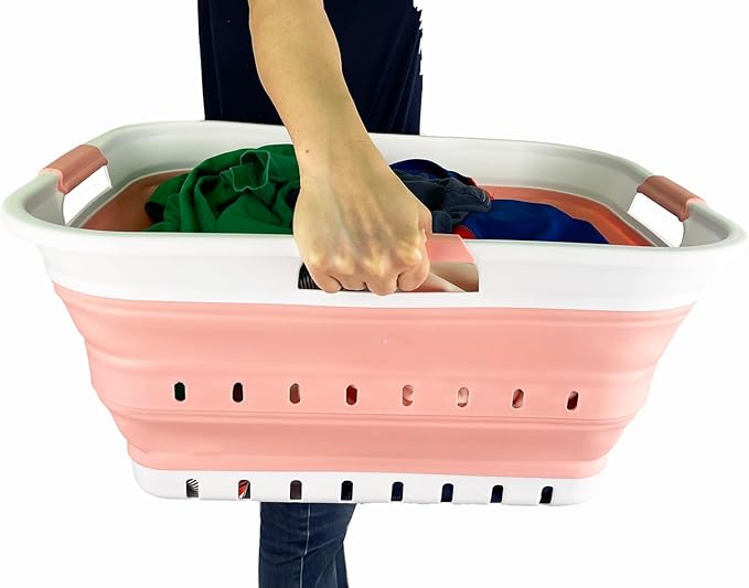 SAMMART 42L (11 gallon) Collapsible Plastic Laundry Basket - Foldable Pop Up Storage Container/Organizer - Space Saving Hamper/Basket (1, White/Quartz Pink)