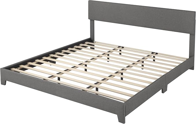 Allewie King Size Bed Frame with Adjustable Headboard, Upholstered Platform Bed with Wood Slats, Heavy Duty Mattress Foundation, No Box Spring Needed, Noise-Free, Easy Assembly, Dark Grey