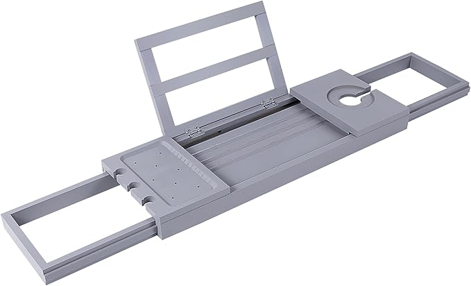 Utoplike Bathtub Tray Caddy Bamboo, Grey Bath Table for Tub Adjustable, Bathroom Organizer with Book Tablet Wine Glass Cup Towel Holder