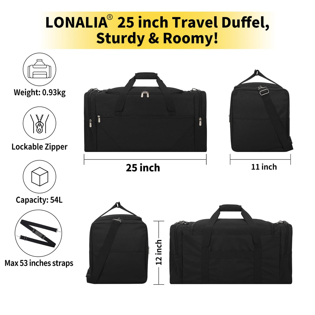 LONALIA 25 in Large Travel Duffel Bag for Men - 56L Roomy Weekender Bag with Trolley Sleeve (Black)