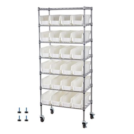 7-Tier Rolling Bin Storage Rack, 24 Small Bins, Bin Rack Storage Steel Wire Shelving System with Wheels, Mobile Tool Organizer for Garage, Warehouse, Office, Restaurant, Classroom, Kitchen
