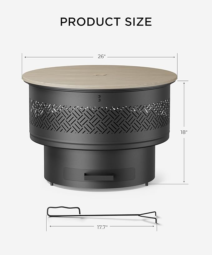 26 inch Fire Pit with Grill & Lid, Firepits for Outside Wood Burning Fire Pit Table with Fire Poker, Multifunctional Outdoor Fire pits for BBQ, Table, Bonfire, Camping, Backyard, Patio, Picnic