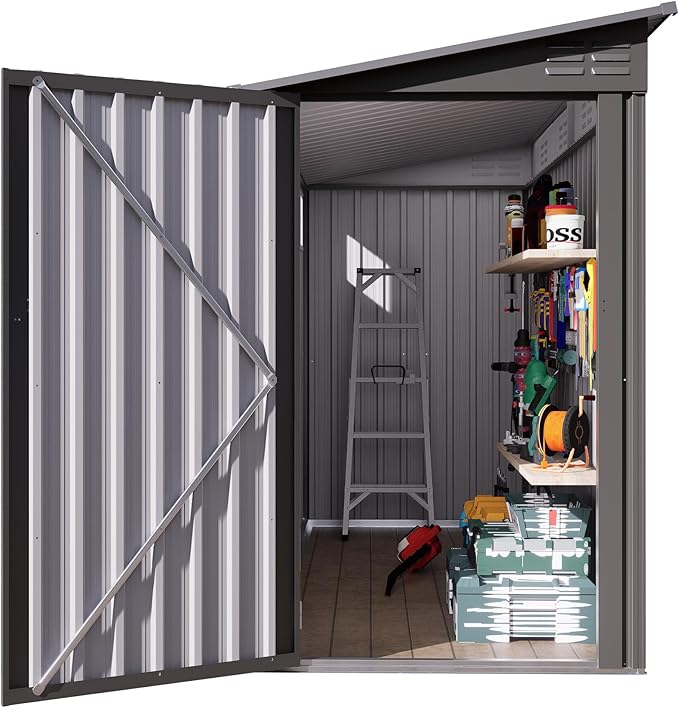 4x9 ft Lean to Shed, Outdoor Storage Shed with Lockable Single Door and Window, Metal Storage Sheds with Sloping Roof and 2 Vents, Outside Garden Tool Sheds for Backyard, Patio (Grey)