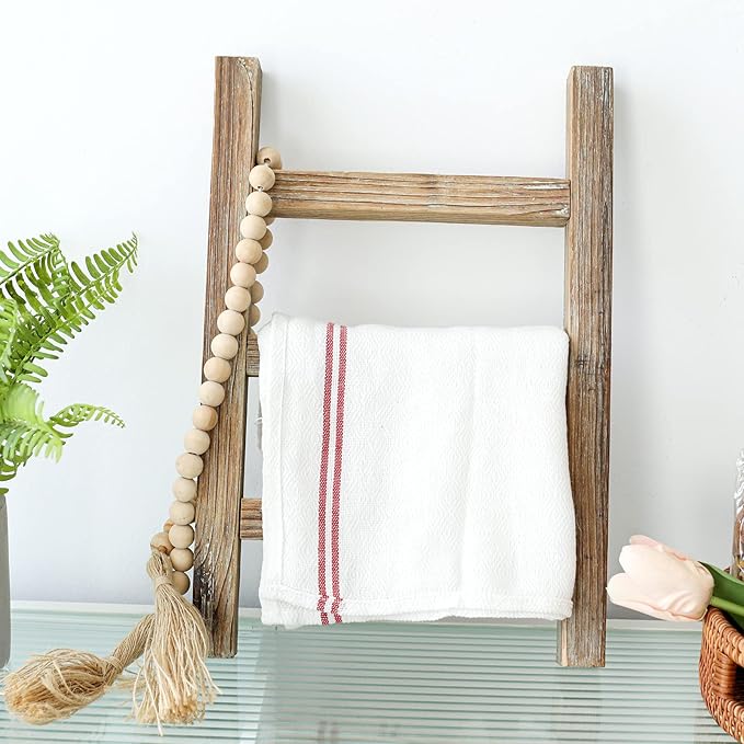 FUIN Wooden Tea Towel Ladder, Mini Ladder Towel Rack Display Hanger, Small Rustic Farmhouse Tea Towel Stand Holder for Country Bathroom Decor, Burnt Brown